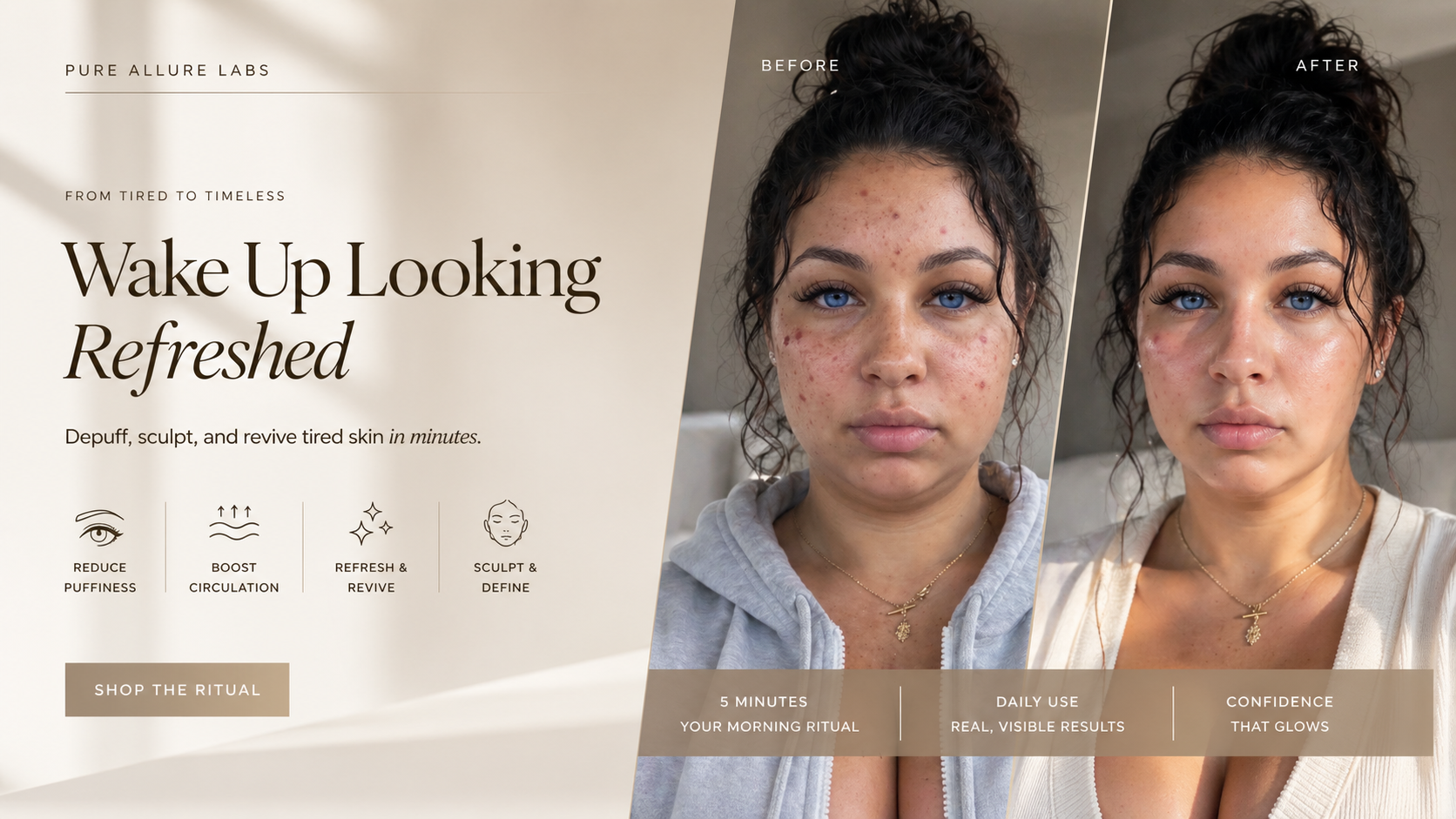 Before and after comparison of a woman's face with text about a skincare product from Pure Allure Labs.