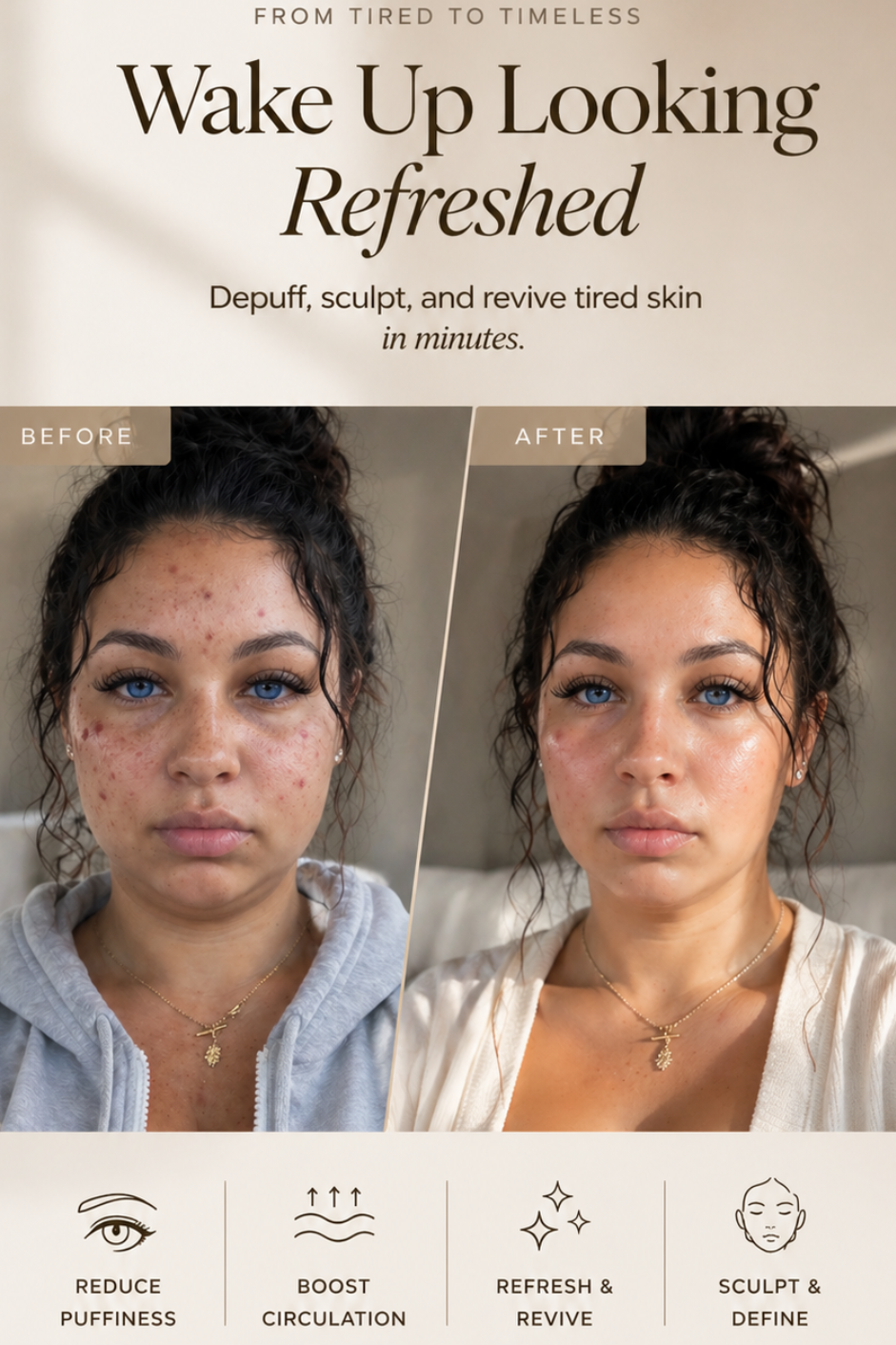 Before and after effect of a skincare product on a woman's face with promotional text and images.